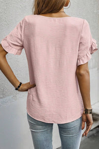 Light Pink Solid Color Ruffle Trim Short Sleeve Blouse