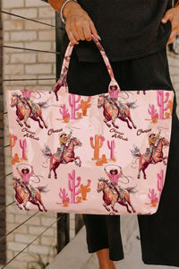 Stylish Women's Light Pink Western Pattern Tote Bag - Glossy Vinyl, Durable & Perfect for Everyday Fashion