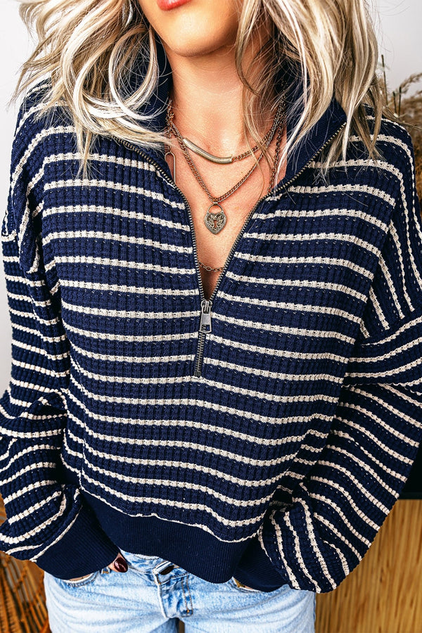 Women's Blue Stripe Textured Knit Long Sleeve Half Zip Collared Top