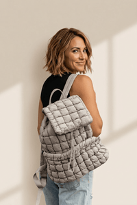Women's Stylish Women's Medium Grey Quilted Puffer Backpack with Flap Closure - Perfect for Everyday Functionality and Fashion