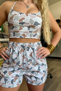Multicolour Camouflage Printed Cropped Tank Top Elastic Waist Shorts 2pcs Outfit