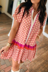 
Women's Geometric Floral Button-Front Mini Dress with Ruffle Hem