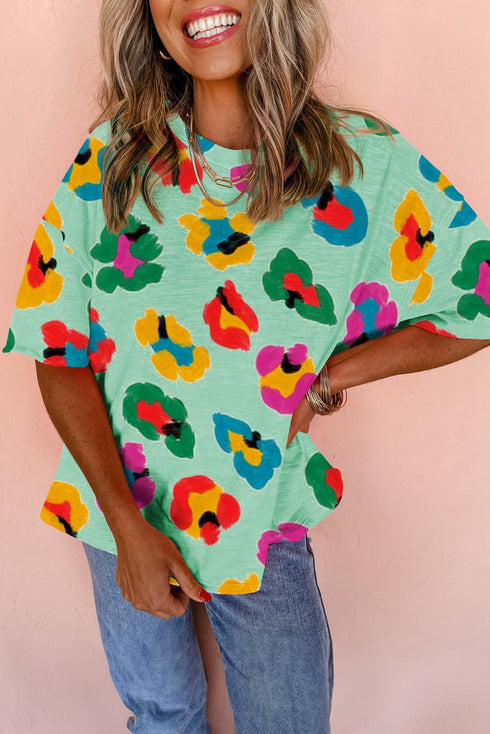 Women's Stylish Women's Oversized Green Leopard Print Tee - Comfortable Drop Shoulder Top for Casual Everyday Wear