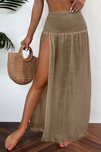 Women's Stylish Women's Pale Khaki High Waist Split Maxi Skirt with Shirred Design for Effortless Beach and Casual Outfits