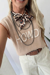 Stylish Women's Parchment Short Sleeve Western Sweater with Contrast Trim - Perfect Knit Top for Casual Outings