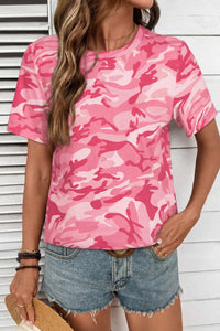 Women's Pink Camouflage Crew Neck Short Sleeve T-Shirt