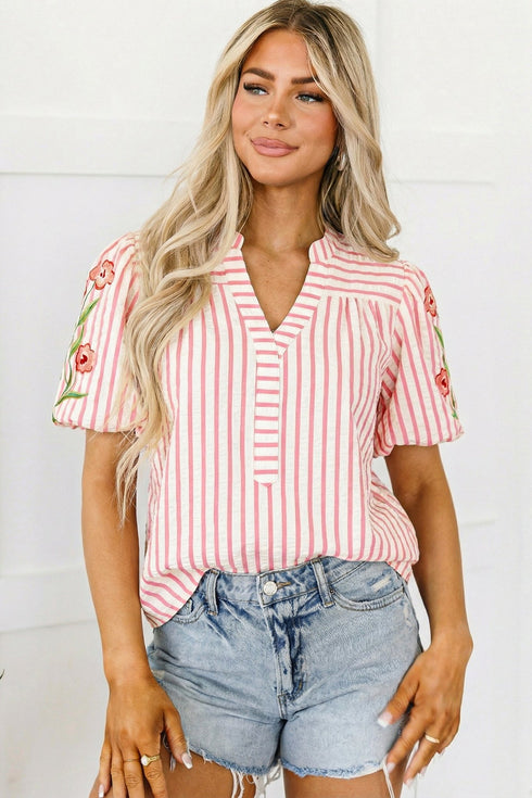 women's stylish women's pink floral embroidered puff sleeve blouse with stripes - v-neck top for spring and summer outfits with practical styling and