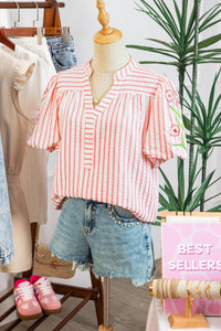 Pink Stripe Print Floral Embroidered Puff Sleeve V Neck Blouse