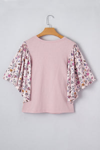 Pink Contrast Floral Patched Flowy Half Sleeve Blouse