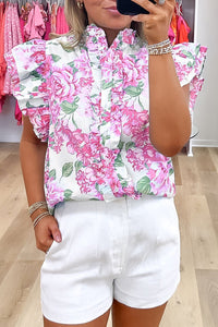 women's stylish women's pink floral ruffle sleeve button-up blouse – lightweight spring and summer top for effortless fashion with practical styling