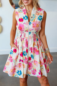 Women's Pink Floral Smocked Zip-Front Mini Dress