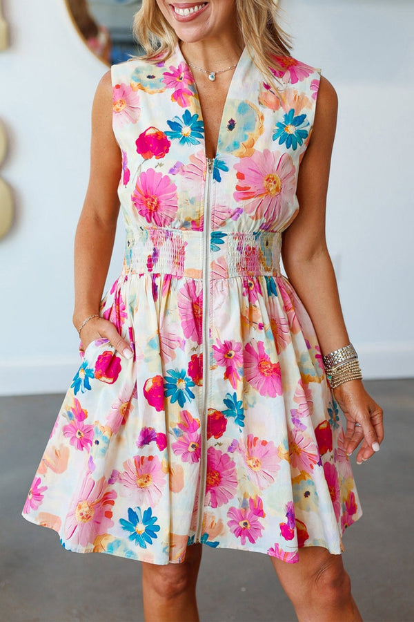 Women's Pink Floral Smocked Zip-Front Mini Dress
