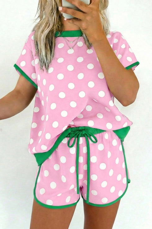 Stylish Women's Pink Polka Dot Casual Short Set with Contrast Edges – Perfect Summer Outfit for Relaxed Days