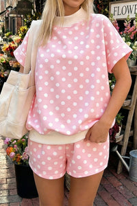 Women's Stylish Women's Pink Polka Dot Color Block Mock Neck Short Set – Perfect Comfortable Summer Outfit for Casual Days