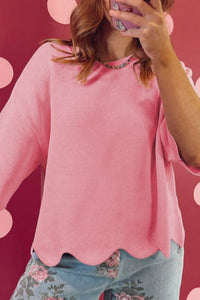 Women's Stylish Women's Pink Scalloped Hem Sweater Top - Comfortable 3/4 Sleeve for Casual or Dressy Looks