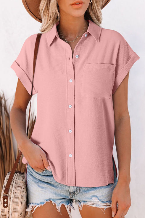 Women's Stylish Women's Pink Short Sleeve Blouse with Cuffed Sleeves - Perfect for Casual Everyday Wear and Comfortable Fit