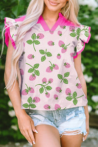 Women's Pink Strawberry Striped Flutter Sleeve V-Neck Blouse
