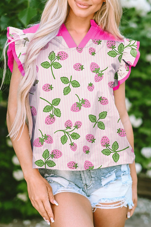 Women's Pink Strawberry Striped Flutter Sleeve V-Neck Blouse