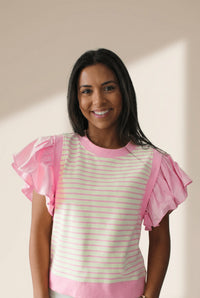 Women's Pink Striped Ruffle Patchwork Blouse