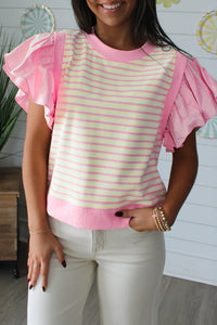 Pink Stripe Ruffled Short Sleeve Patchwork Blouse
