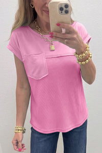 Stylish Women's Pink Waffled Patchwork T-Shirt with Raw Seam Detail - Comfy Casual Top for Everyday Wear