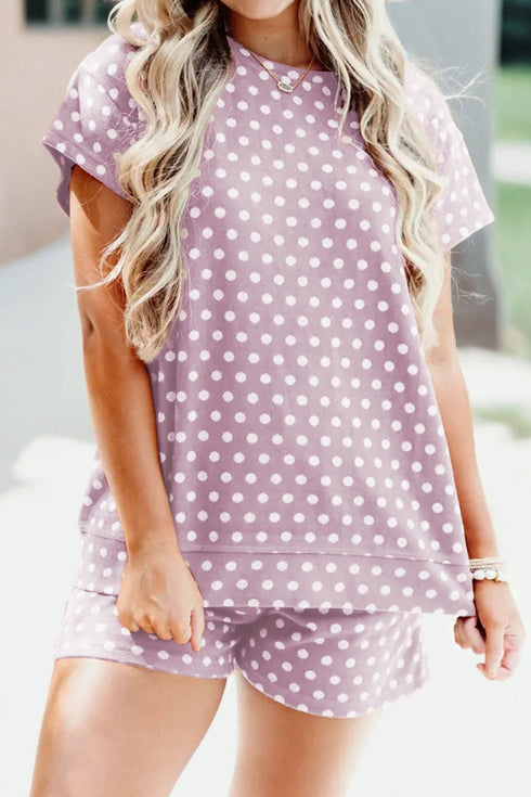 Women's Stylish Women's Purple Polka Dot Short Set – Comfortable Summer Outfit for Casual Days and Warm Weather Fun