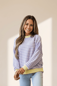 women's stylish women's purple stripe colorblock knit top with contrast trim and drop shoulder - comfortable casual wear with practical styling and