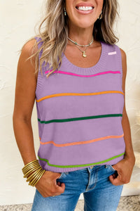 
Women's Stylish Women's Purple Striped Knit Tank Top - Comfortable Round Neck Sweater for Casual Summer Outings