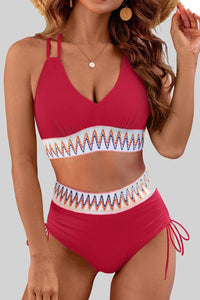 Women's Stylish Women's Racing Red Ribbed Knit High Waist 2-Piece Swimsuit with Tribal Print for Beach Days and Pool Parties