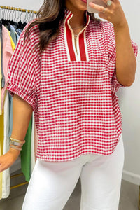 Stylish Women's Red Plaid Short Sleeve Blouse with Colorblock Trim & Split Neck - Perfect Casual Top for Everyday Wear