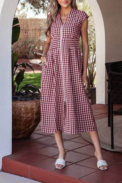 Women's Stylish Women's Red Plaid Sleeveless Maxi Dress with Cinched Waist and Full Zipper for a Flattering Summer Look