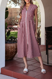 Women's Stylish Women's Red Plaid Sleeveless Maxi Dress with Cinched Waist and Full Zipper for a Flattering Summer Look