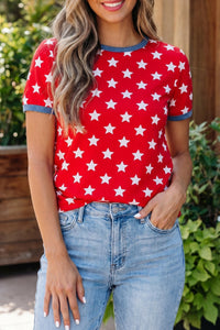 Stylish Women's Red Star Print Colorblock Tunic Top with Binding Tape Collar & Cuffs, Perfect for Casual Outings