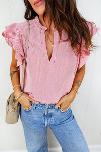women's stylish women's red striped frilly blouse with double ruffles and split neck - perfect for summer casual outings with practical styling and