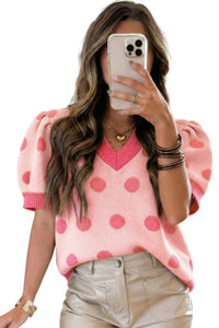 Rose Red Polka Dot Puff Short Sleeve Sweater Top