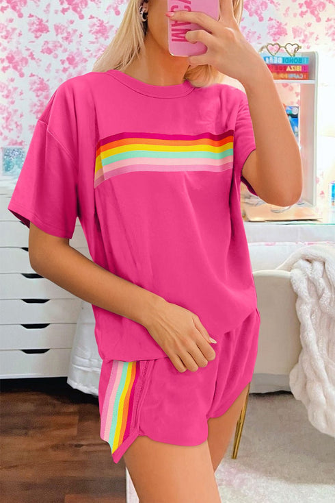 women's stylish women's rose red striped athleisure 2-piece short set – comfy activewear for casual outings and workouts with practical styling and