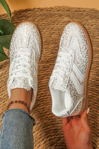Women's Stylish Women's Shimmer Leopard Print Lace-Up Sneakers with White PU Leather Accents for Ultimate Comfort