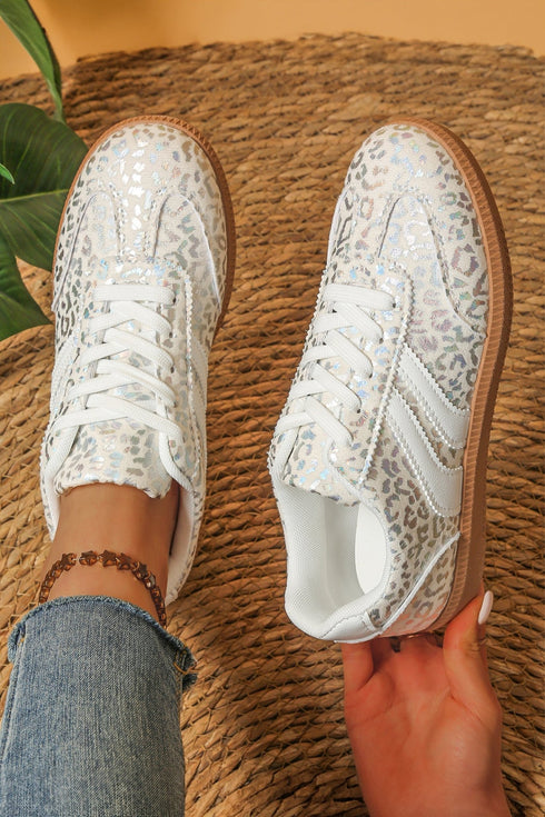 Women's Stylish Women's Shimmer Leopard Print Lace-Up Sneakers with White PU Leather Accents for Ultimate Comfort