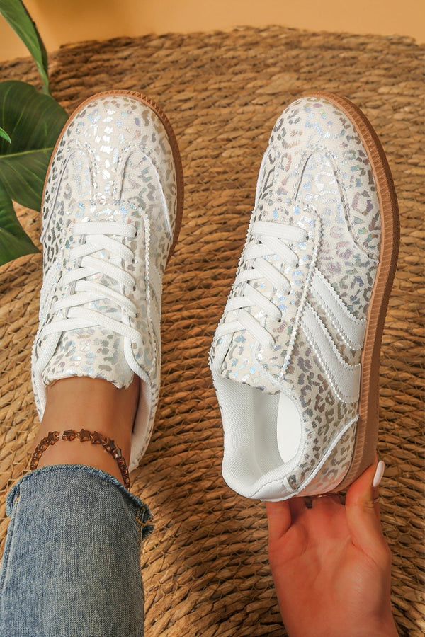 Women's Stylish Women's Shimmer Leopard Print Lace-Up Sneakers with White PU Leather Accents for Ultimate Comfort