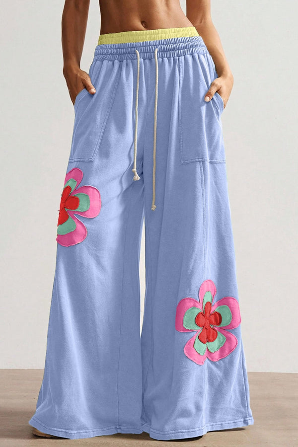 Stylish Women's Sky Blue Color Block Wide Leg Pants with Floral Patchwork and Drawstring Waist for Comfortable Fit