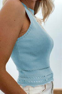 Sky Blue White Cut-out Scalloped Hem Skinny Tank Top