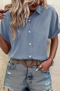 Women's Stylish Women's Sky Blue Dotted Cuffed Short Sleeve Shirt - Comfortable Casual Summer Top for Effortless Style