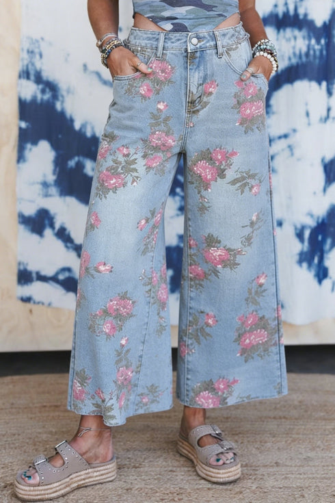 Women's Stylish Women's Sky Blue Floral Print Bootcut Jeans - Comfortable Everyday Casual Wear for Effortless Style