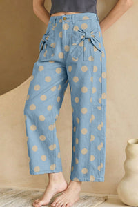 Stylish Women's Sky Blue Polka Dot Jeans with Bow Detail and Pockets - Comfortable Fit for Casual Outings