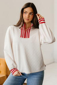 Women's Off-White Geometric Textured Quarter-Zip Pullover