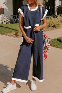 Women's Navy Color Block Wide-Leg Pant Set with Contrast Trim