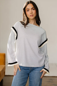 Women's Ruffle Trim Striped Long Sleeve Relaxed Knit Top