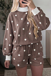 Women's Brown Polka Dot Long Sleeve Casual Top with Ribbed Trim & Matching Shorts Set