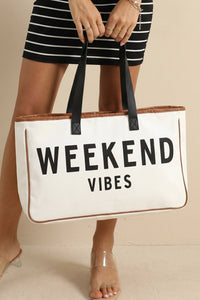 Stylish Women's White Canvas Tote Bag - Ideal for Summer Travel, Spacious Design with Trendy Weekend Vibes Print