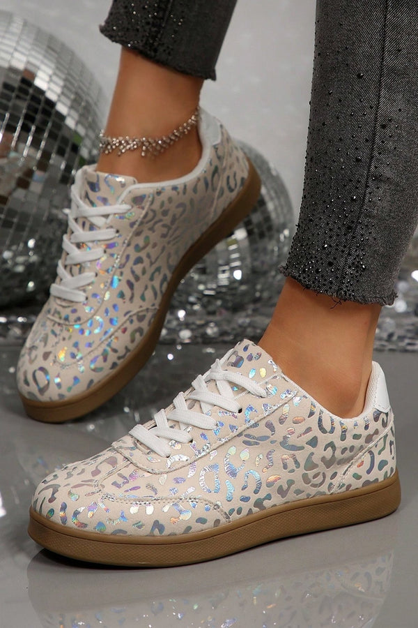 Women's Holographic Leopard Print PU Leather Sneakers